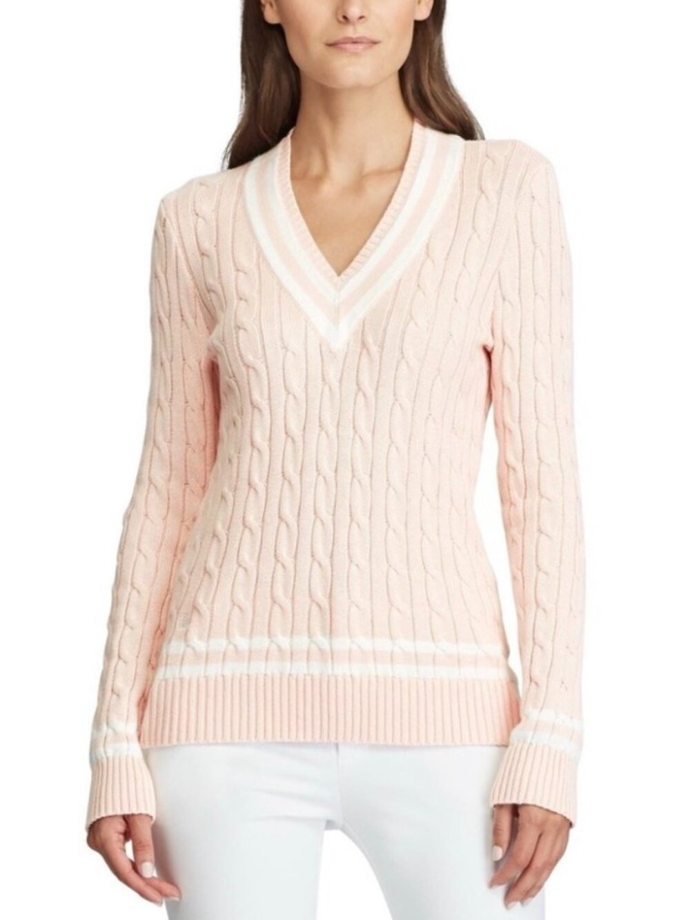 Ralph Lauren Lauren Pink and White Cable Knit V-neck Sweater